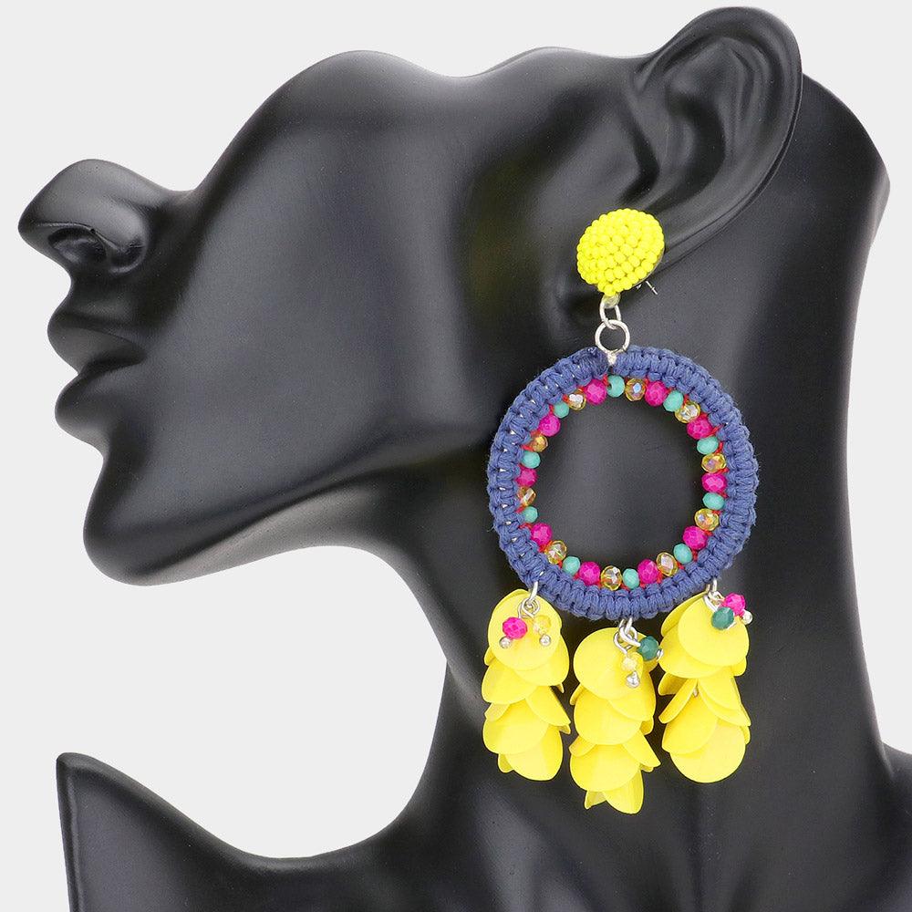 Yellow Flower Petal Tassel Beaded Thread Wrapped Open Circle Dangle Earrings