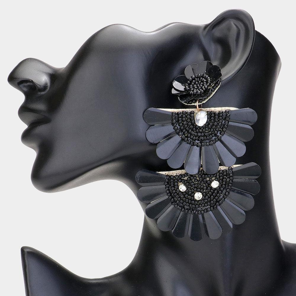 Black Seed Beaded Flower Fan Link Earrings - Jewelry Store by Erik Rayo