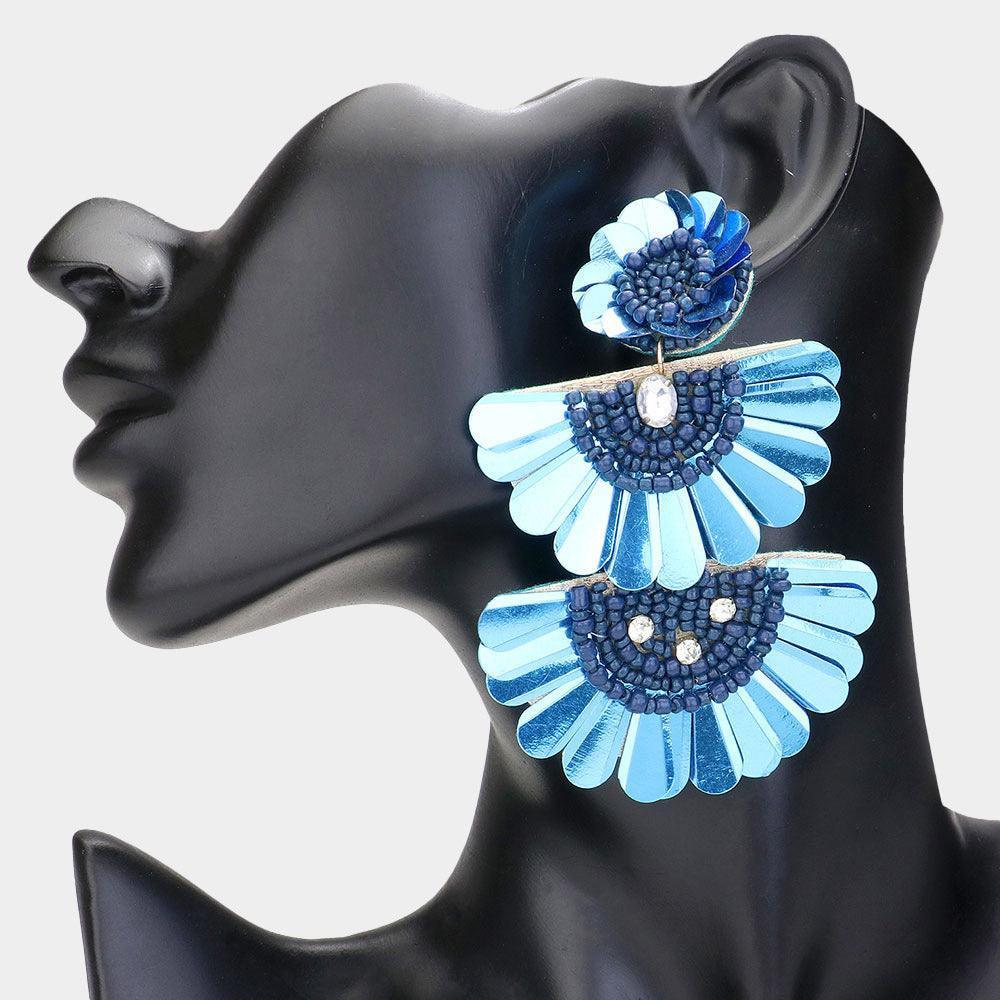 Blue Seed Beaded Flower Fan Link Earrings - Jewelry Store by Erik Rayo
