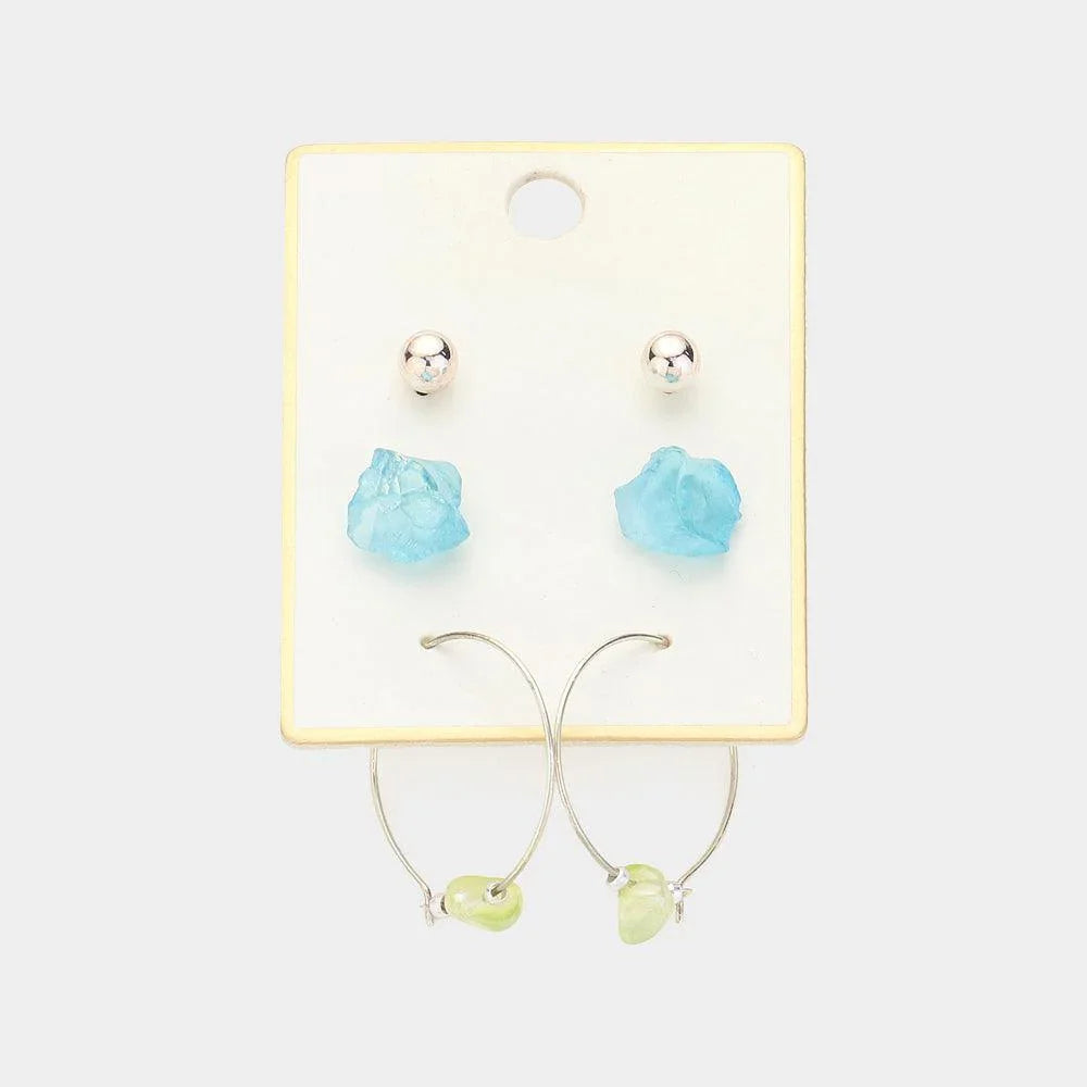 Blue 3PAIRS - AB Aurora Borealis Natural Stone Earrings Set - Jewelry Store by Erik Rayo