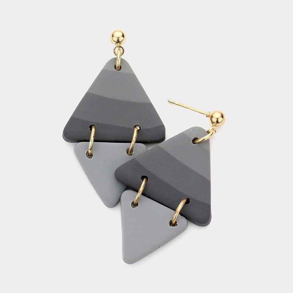 Gray Patterned Double Triangle Polymer Clay Link Dangle Earrings - Jewelry Store by Erik Rayo