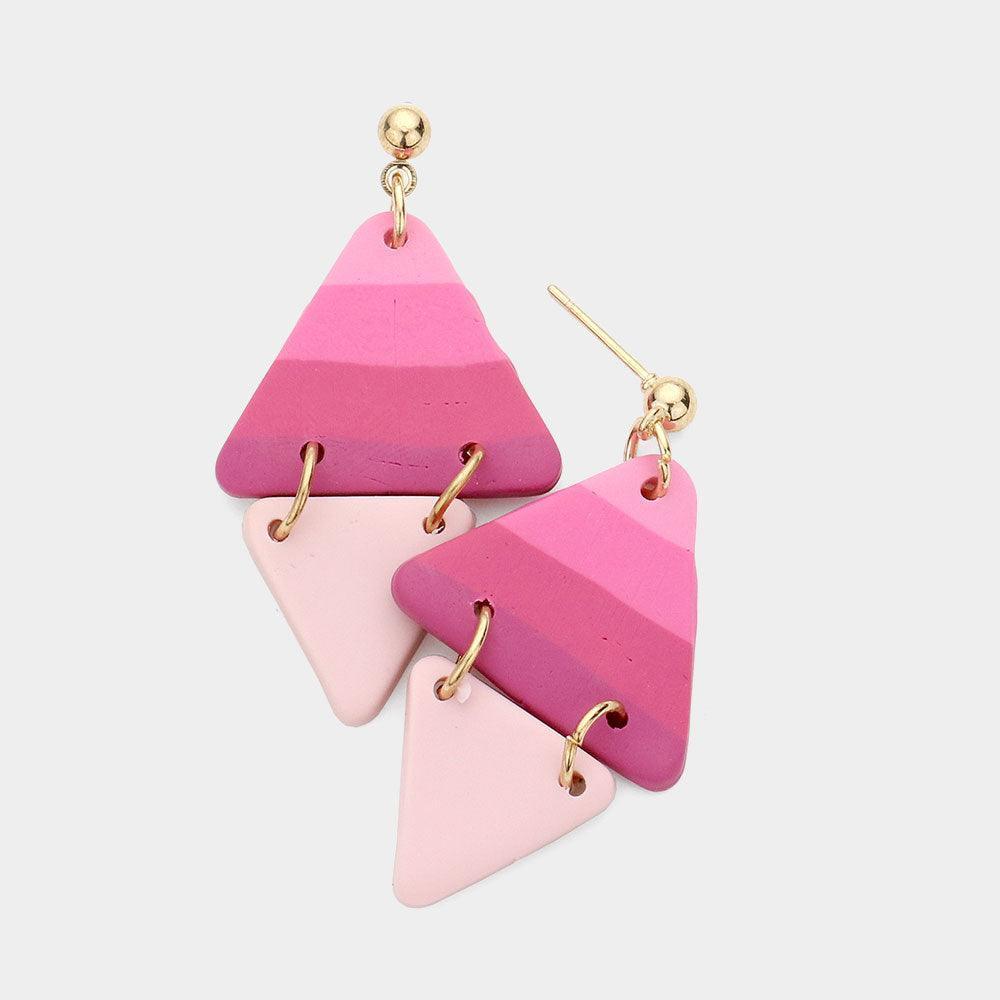 Pink Patterned Double Triangle Polymer Clay Link Dangle Earrings - Jewelry Store by Erik Rayo