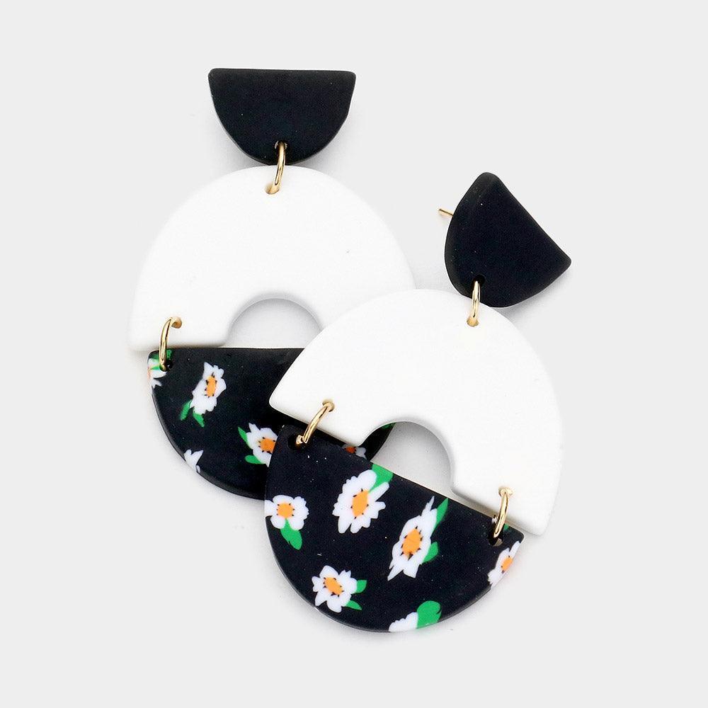Black Daisy Flower Printed Abstract Polymer Clay Link Dangle Earrings - Jewelry Store by Erik Rayo