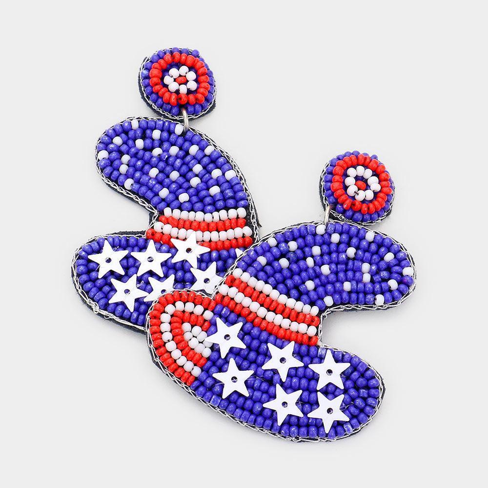 Felt Back American USA Flag Cowboy Hat Beaded Dangle Earrings - Jewelry Store by Erik Rayo