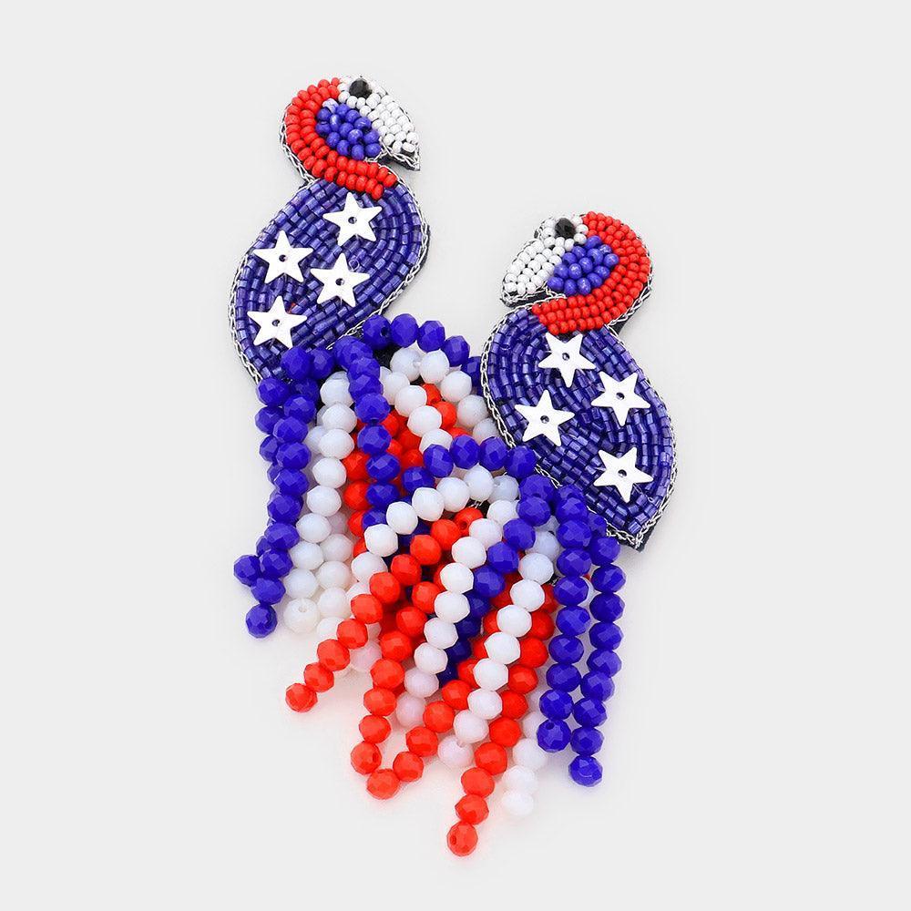 Felt Back American USA Flag Flamingo Beaded Beads Tassel Earrings - Jewelry Store by Erik Rayo