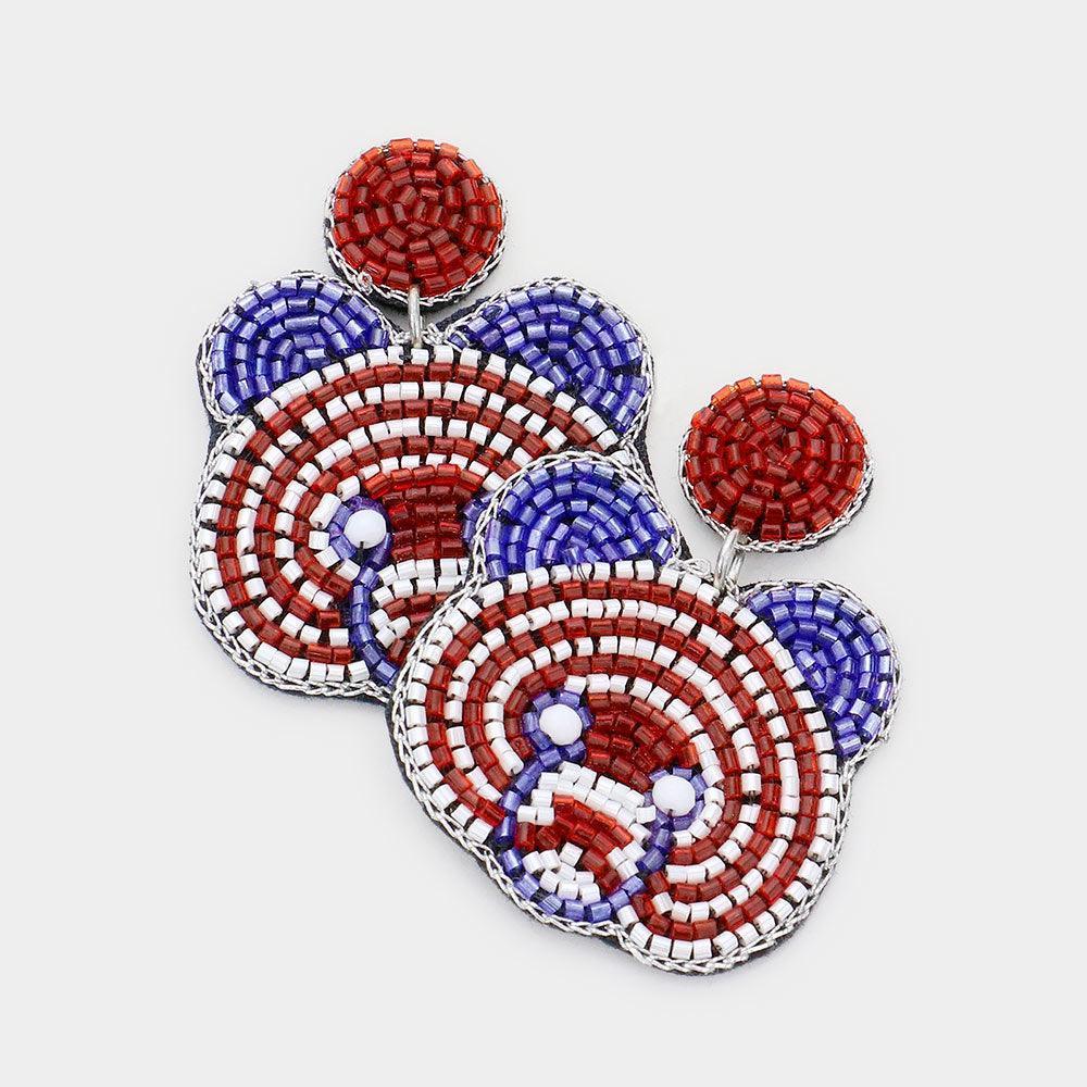 Felt Back American USA Flag Bear Beaded Dangle Earrings - Jewelry Store by Erik Rayo