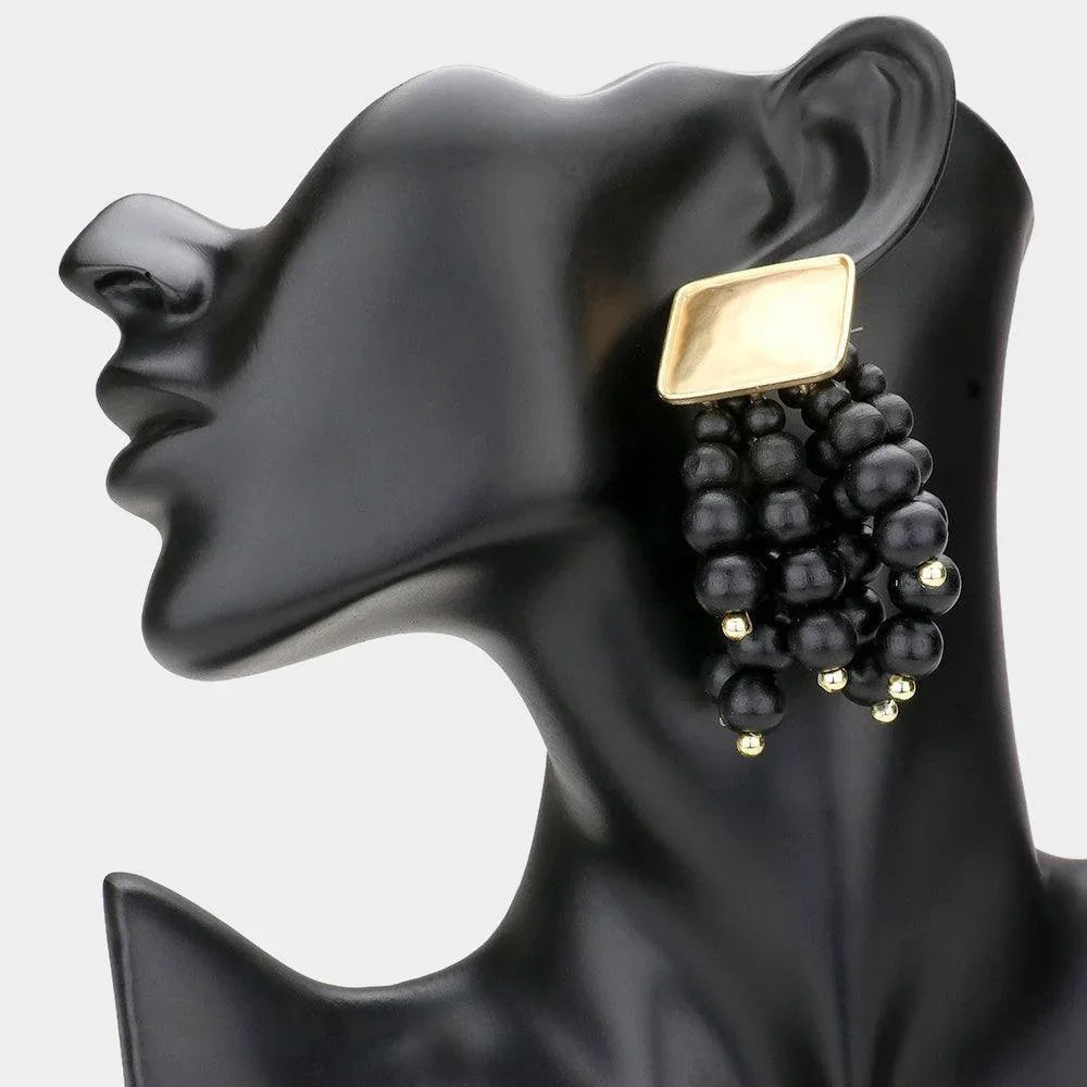 Black Metal Square Wood Ball Cluster Dangle Earrings - Jewelry Store by Erik Rayo
