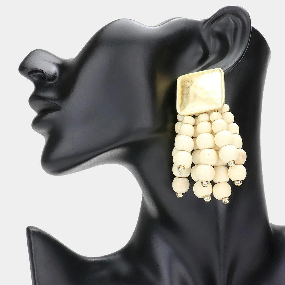 Ivory Metal Square Wood Ball Cluster Dangle Earrings - Jewelry Store by Erik Rayo