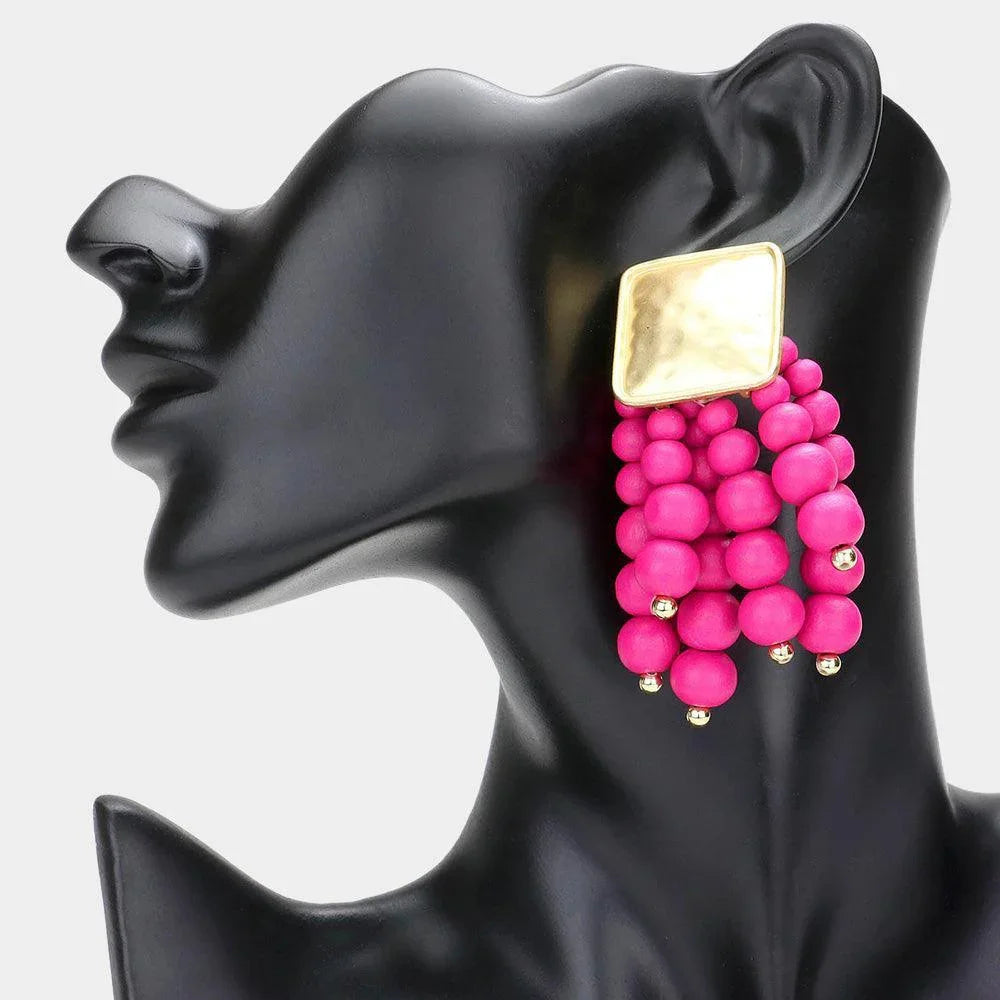 Fuchsia Metal Square Wood Ball Cluster Dangle Earrings - Jewelry Store by Erik Rayo