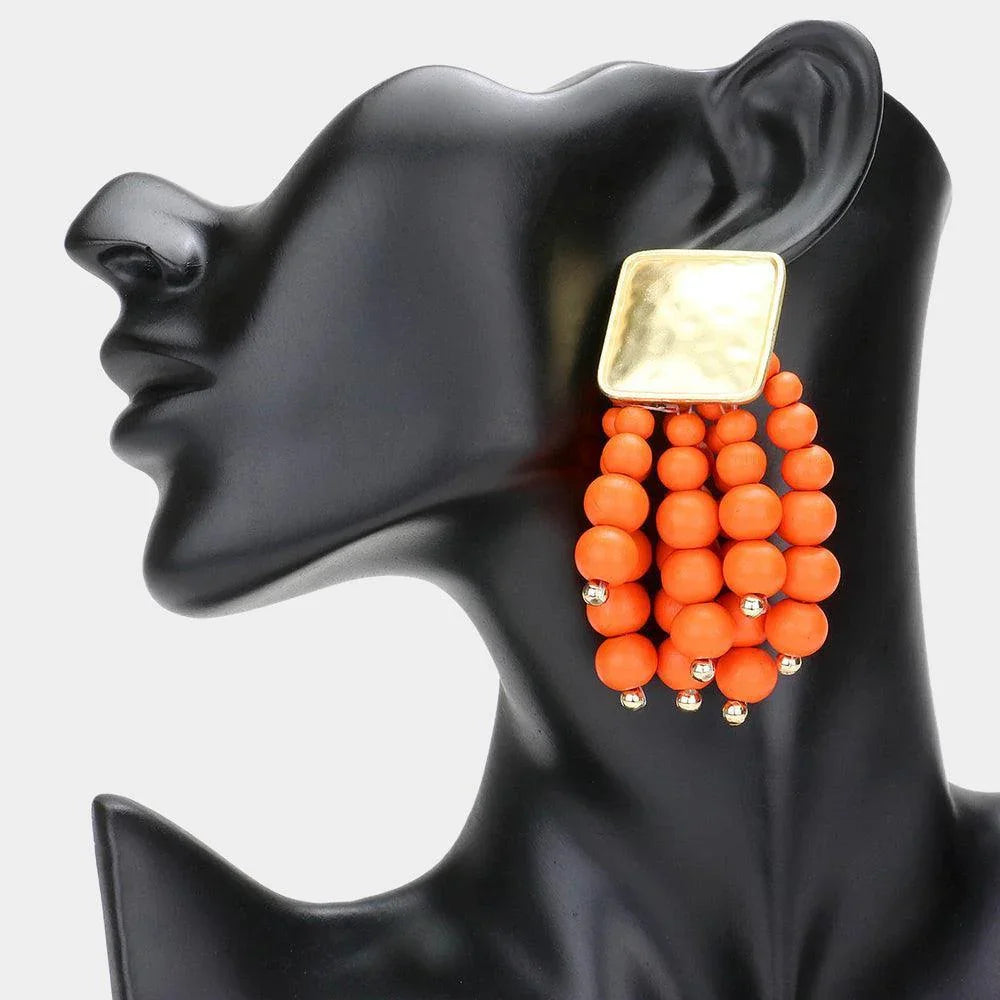 Orange Metal Square Wood Ball Cluster Dangle Earrings - Jewelry Store by Erik Rayo