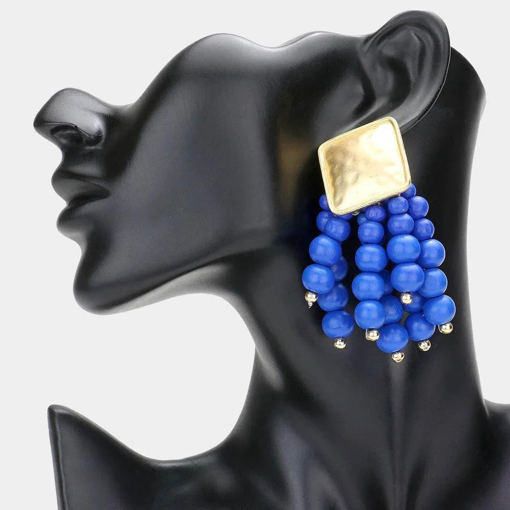 Blue Metal Square Wood Ball Cluster Dangle Earrings - Jewelry Store by Erik Rayo