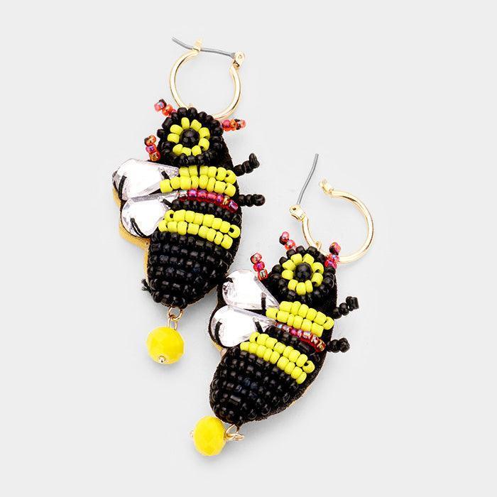 Yellow Beaded Honey Bee Pin Catch Earrings - Jewelry Store by Erik Rayo