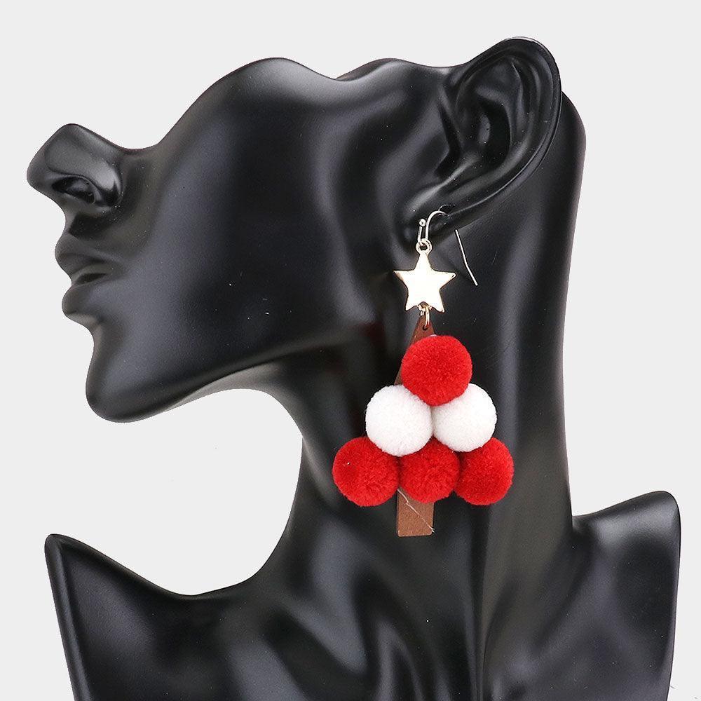 White Pom Pom Christmas Tree Dangle Earrings - Jewelry Store by Erik Rayo