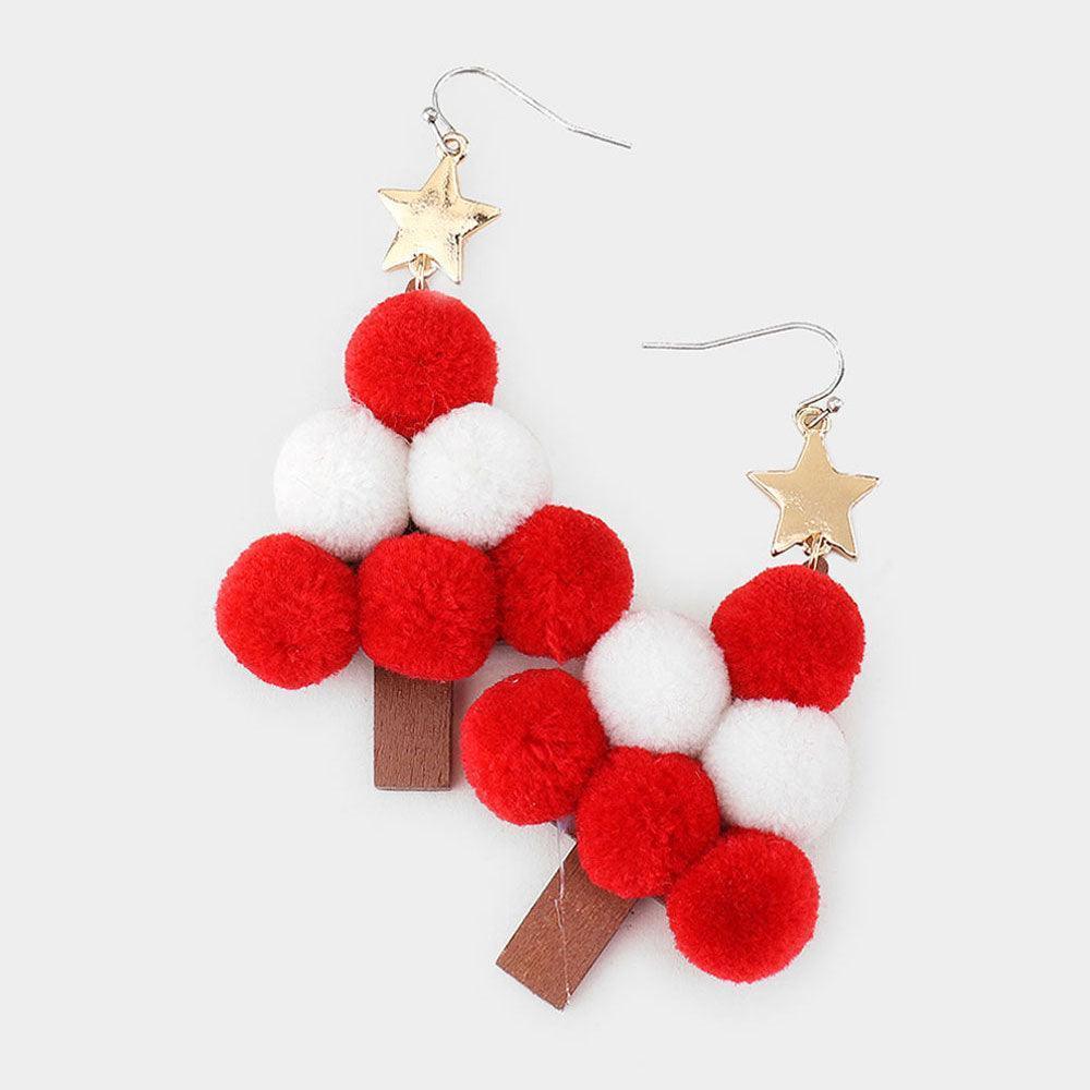 White Pom Pom Christmas Tree Dangle Earrings - Jewelry Store by Erik Rayo
