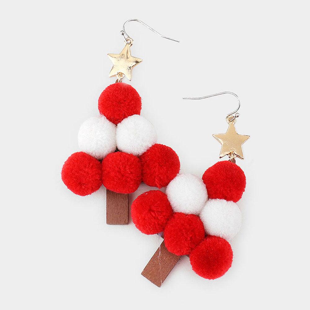 White Pom Pom Christmas Tree Dangle Earrings