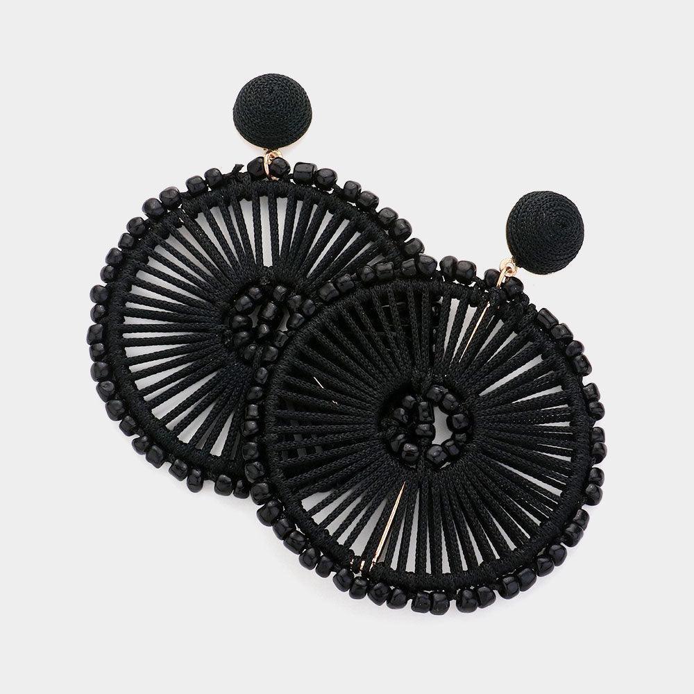 Black Thread Wrapped Seed Beads Accented Wheel Dangle Earrings - Jewelry Store by Erik Rayo