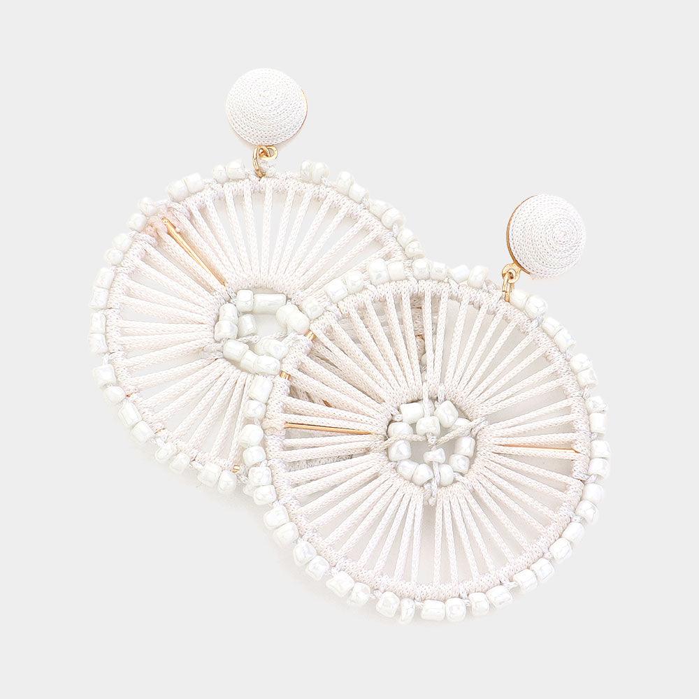 White Thread Wrapped Seed Beads Accented Wheel Dangle Earrings