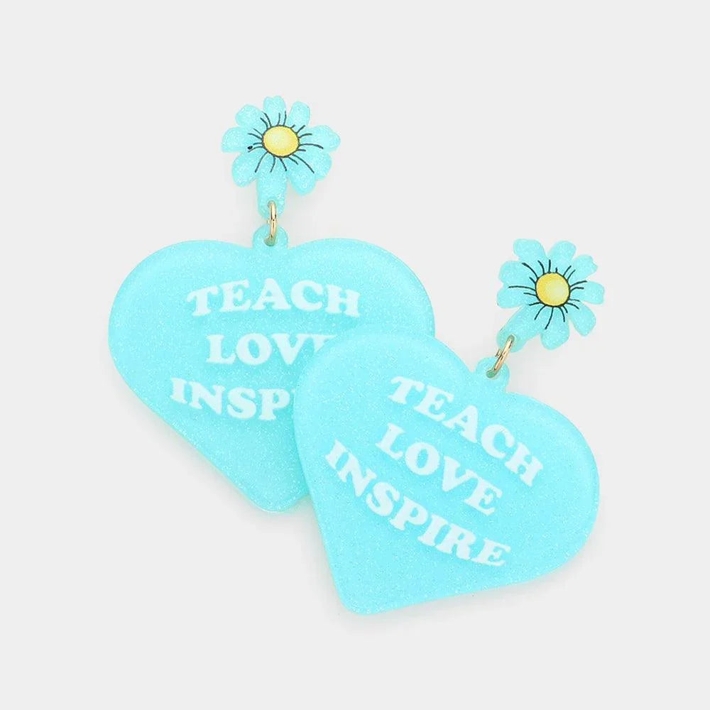 Blue Teach Love Inspire Message Glittered Flower Heart Link Dangle Earrings - Jewelry Store by Erik Rayo