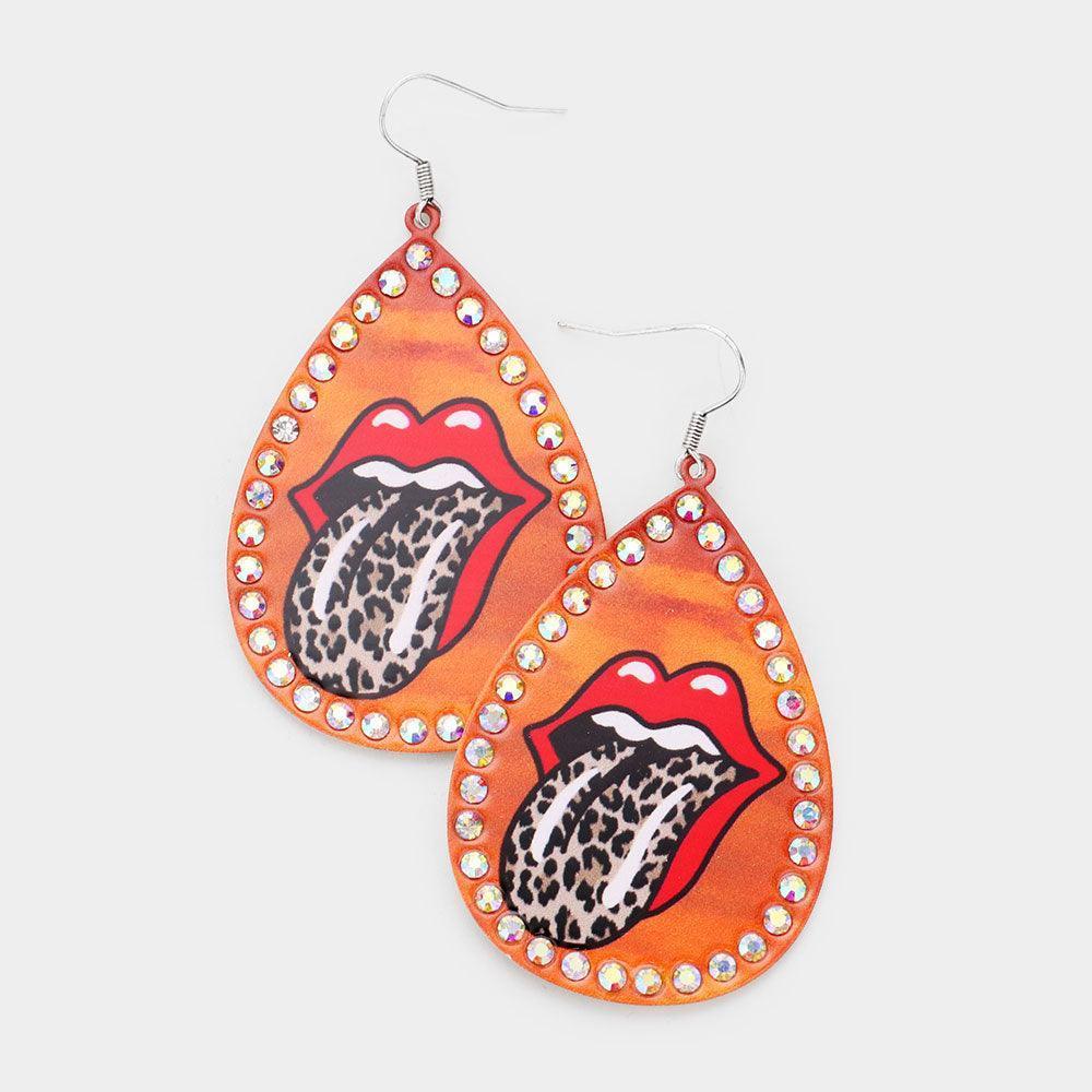 Orange Lip Print Stone Trim Metal Teardrop Earrings - Jewelry Store by Erik Rayo