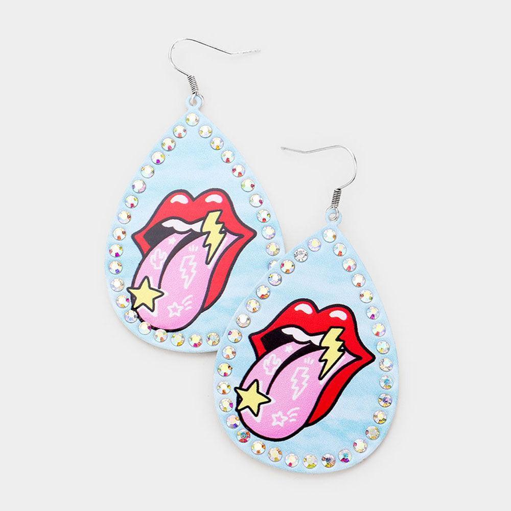 Blue Lip Print Stone Trim Metal Teardrop Earrings - Jewelry Store by Erik Rayo