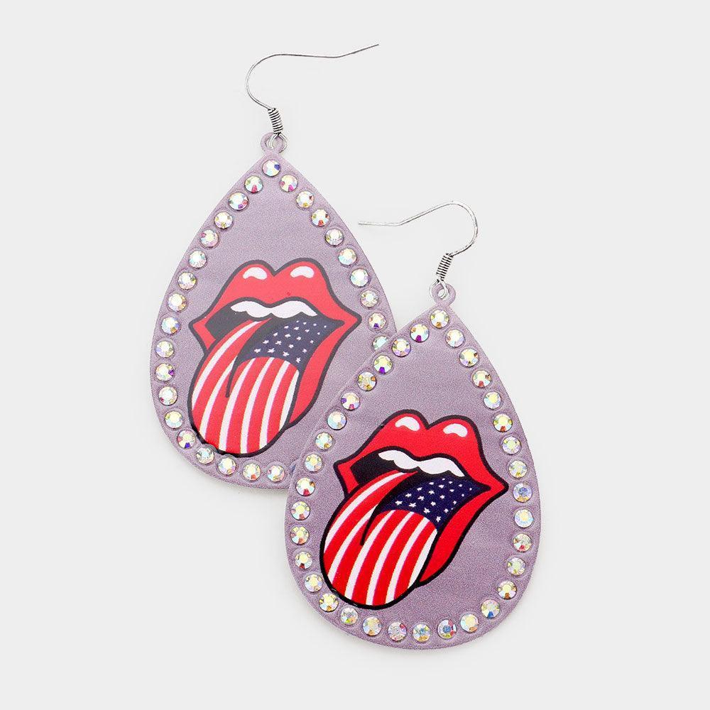 Lavender Lip Print Stone Trim Metal Teardrop Earrings - Jewelry Store by Erik Rayo