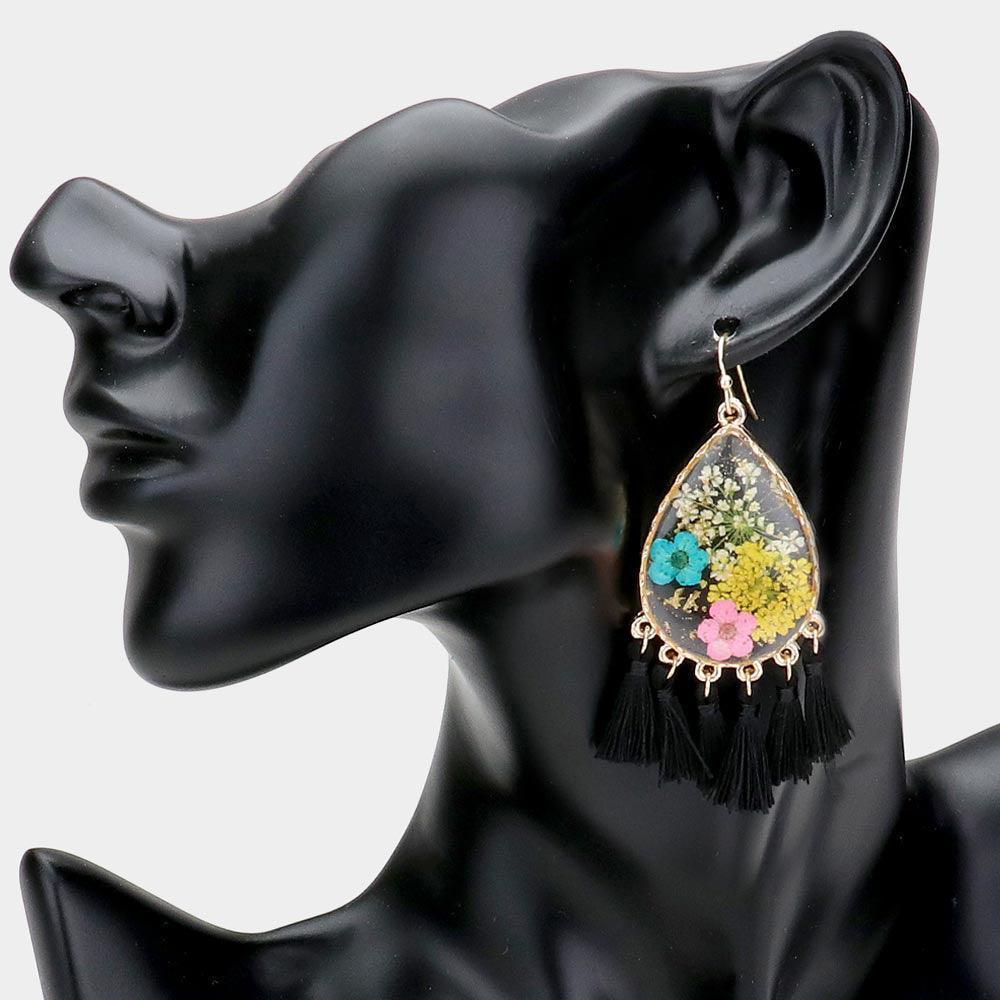 Black Pressed Flower Lucite Teardrop Tassel Dangle Earrings - Jewelry Store by Erik Rayo