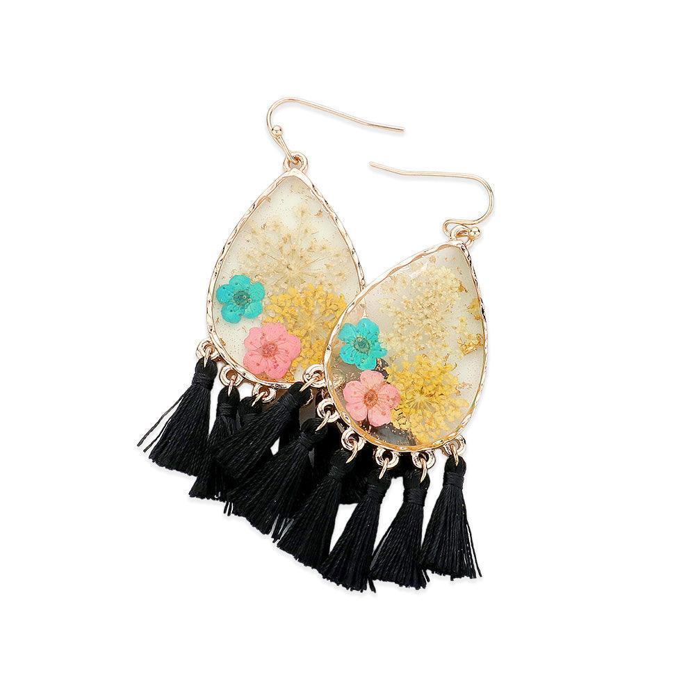 Black Pressed Flower Lucite Teardrop Tassel Dangle Earrings - Jewelry Store by Erik Rayo