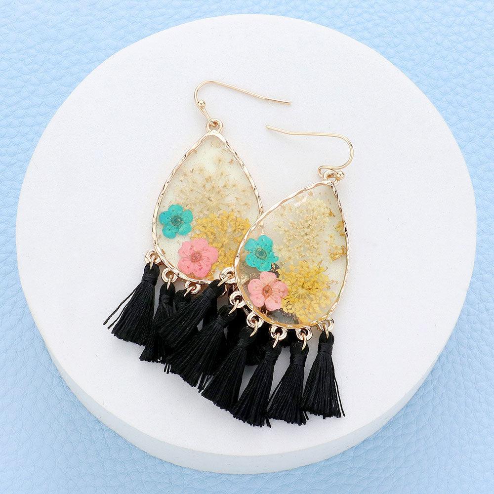 Black Pressed Flower Lucite Teardrop Tassel Dangle Earrings - Jewelry Store by Erik Rayo