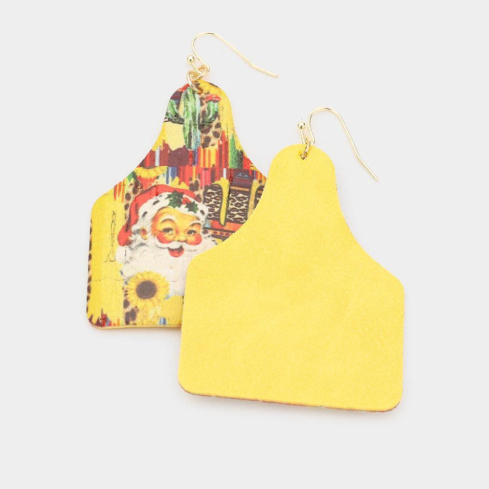 Santa Claus Sunflower Print Faux Leather Dangle Earrings - Jewelry Store by Erik Rayo