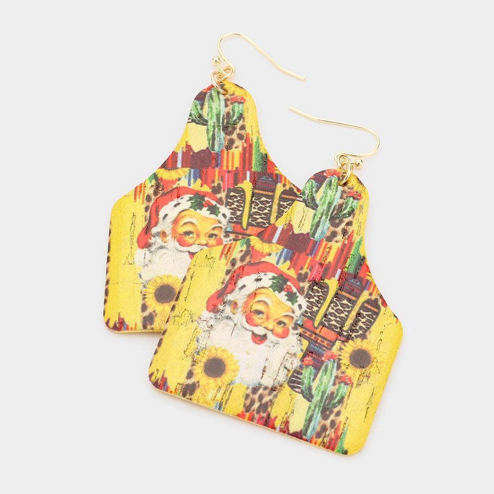 Santa Claus Sunflower Print Faux Leather Dangle Earrings - Jewelry Store by Erik Rayo