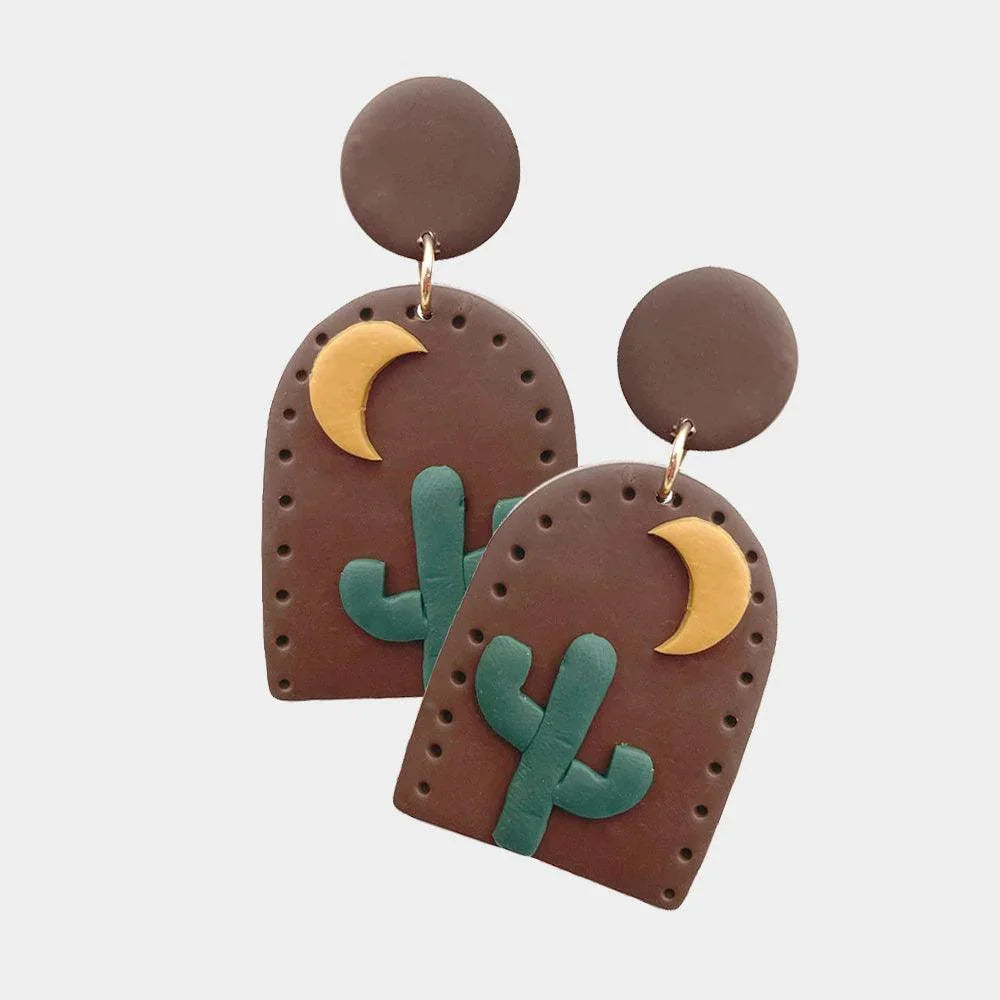 Brown Crescent Moon Cactus Accented Polymer Clay Dangle Earrings - Jewelry Store by Erik Rayo