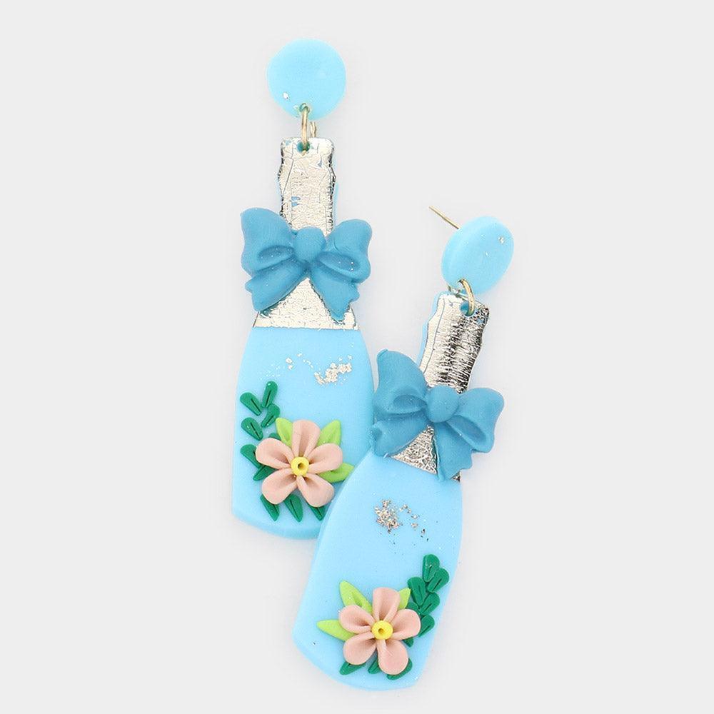 Turquoise Bow Flower Accented Polymer Clay Champagne Dangle Earrings - Jewelry Store by Erik Rayo