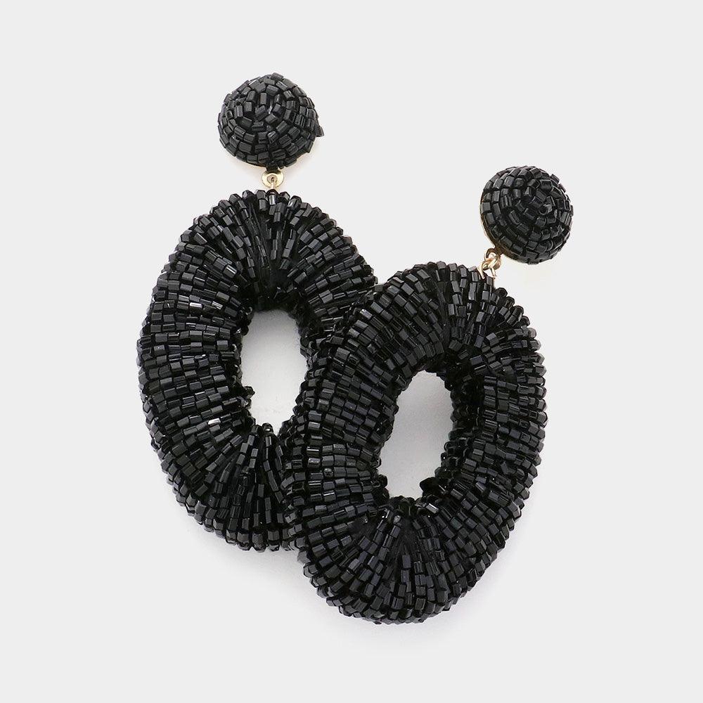 Black Seed Beaded Oval Dangle Earrings - Jewelry Store by Erik Rayo