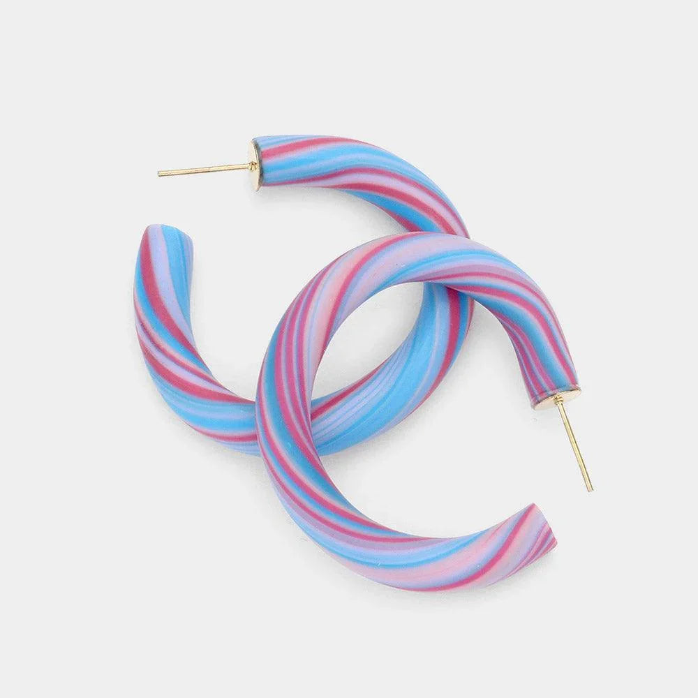 Blue Line Detailed Polymer Clay Hoop Earrings - Jewelry Store by Erik Rayo