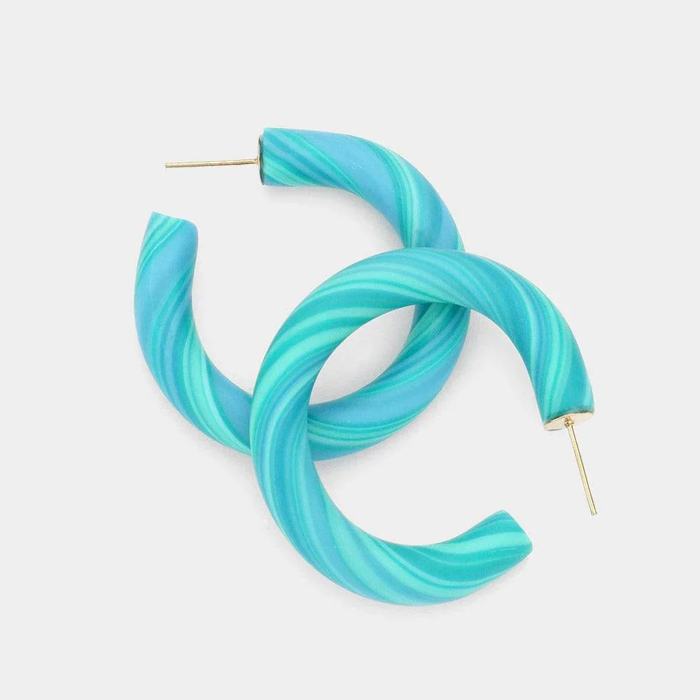 Turquoise Line Detailed Polymer Clay Hoop Earrings - Jewelry Store by Erik Rayo