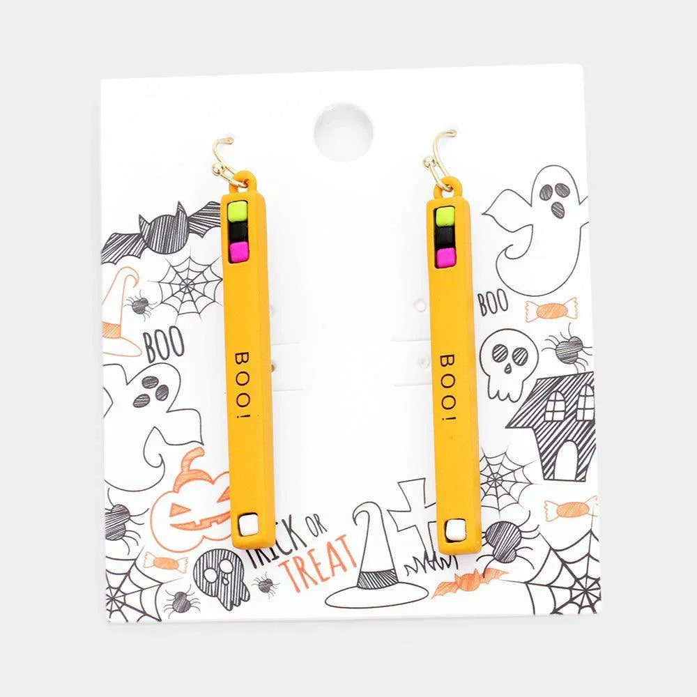 Mustard Boo Halloween Theme Message Bar Drop Earrings - Jewelry Store by Erik Rayo