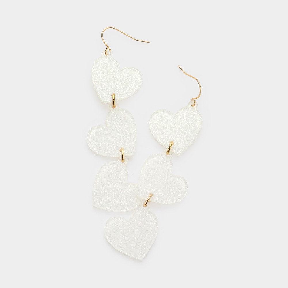 White Glittered Triple Resin Heart Link Dangle Earrings