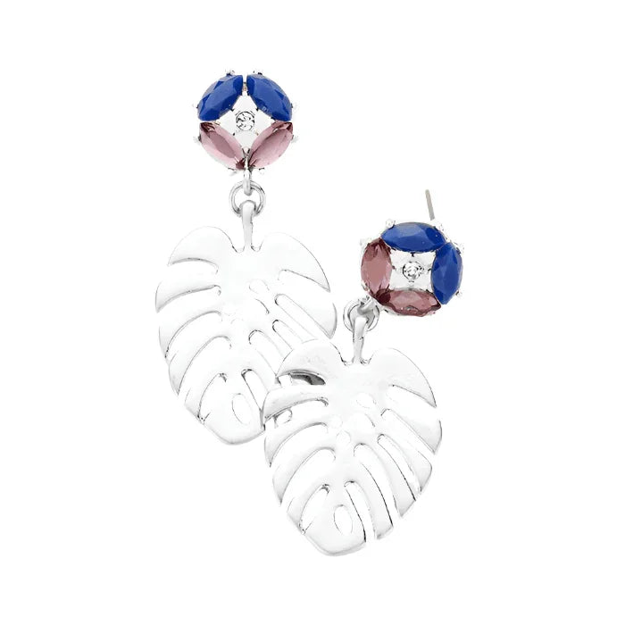 Silver Crystal Marquise Metal Tropical Leaf Dangle Earrings - Jewelry Store by Erik Rayo