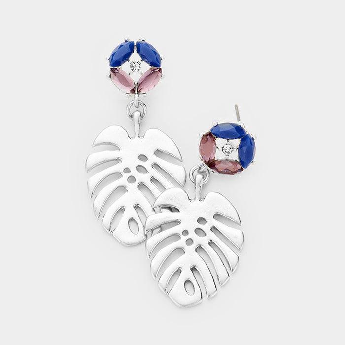Silver Crystal Marquise Metal Tropical Leaf Dangle Earrings - Jewelry Store by Erik Rayo