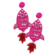 Load image into Gallery viewer, Fuchsia Felt Back I Need Space Message Sequin Beaded Rocket Dangle Earrings
