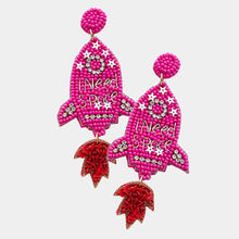 Load image into Gallery viewer, Fuchsia Felt Back I Need Space Message Sequin Beaded Rocket Dangle Earrings

