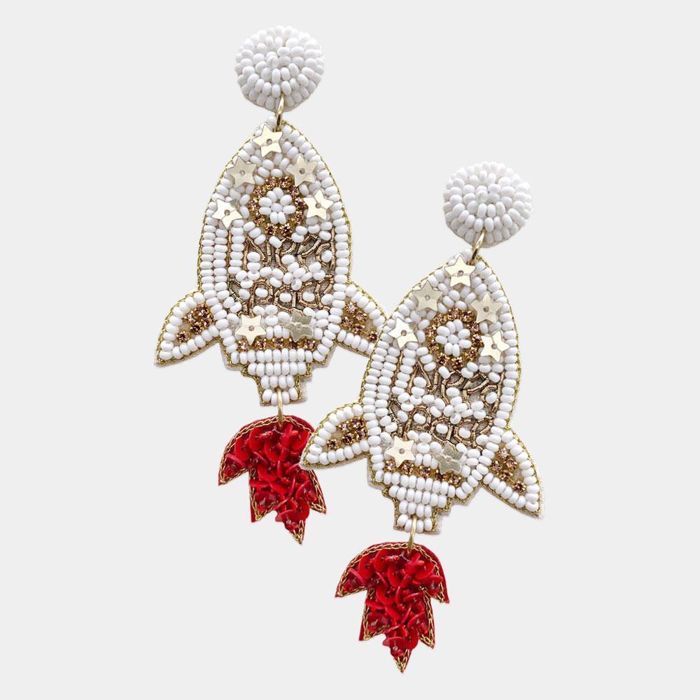 Ivory Felt Back I Need Space Message Sequin Beaded Rocket Dangle Earrings
