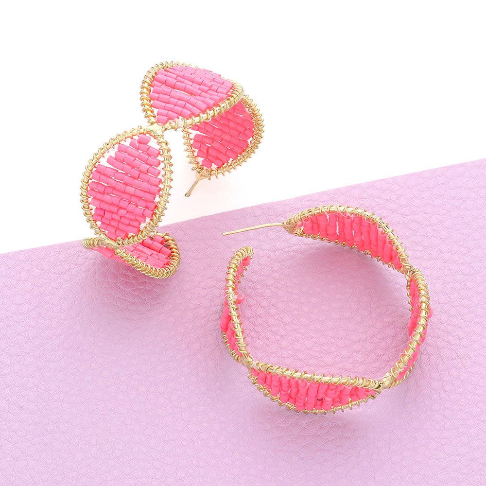 Pink Bead Wrapped Hoop Earrings