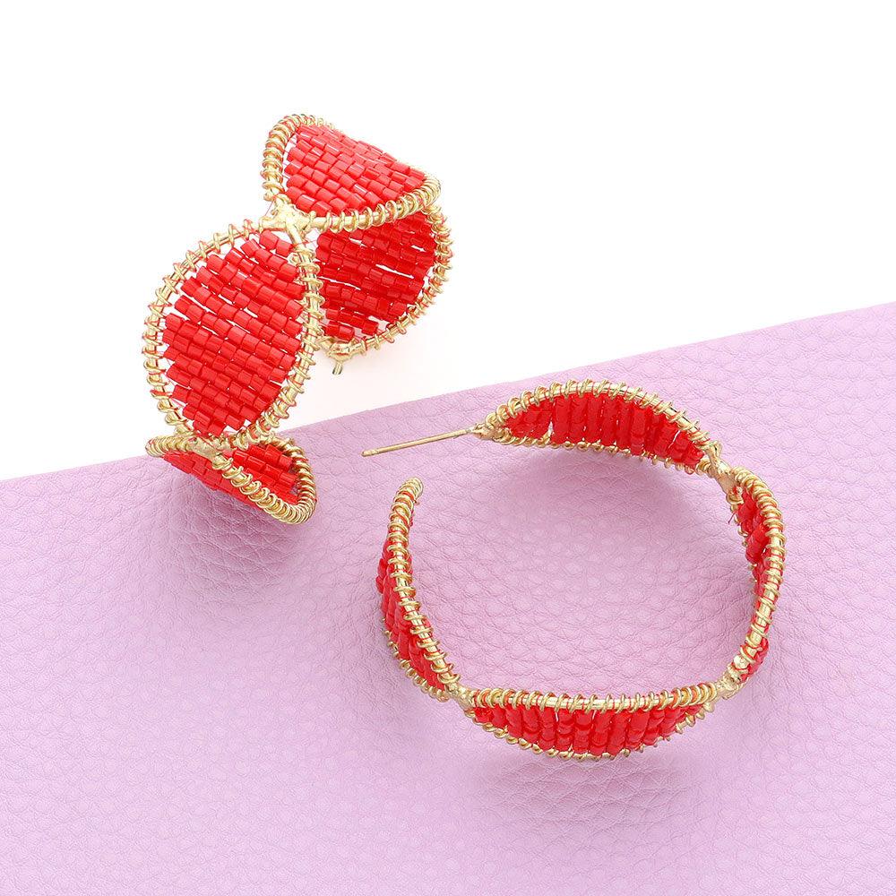 Red Bead Wrapped Hoop Earrings