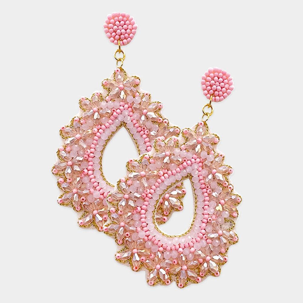 Pink Felt Back Floral Faceted Beaded Open Teardrop Dangle Earrings