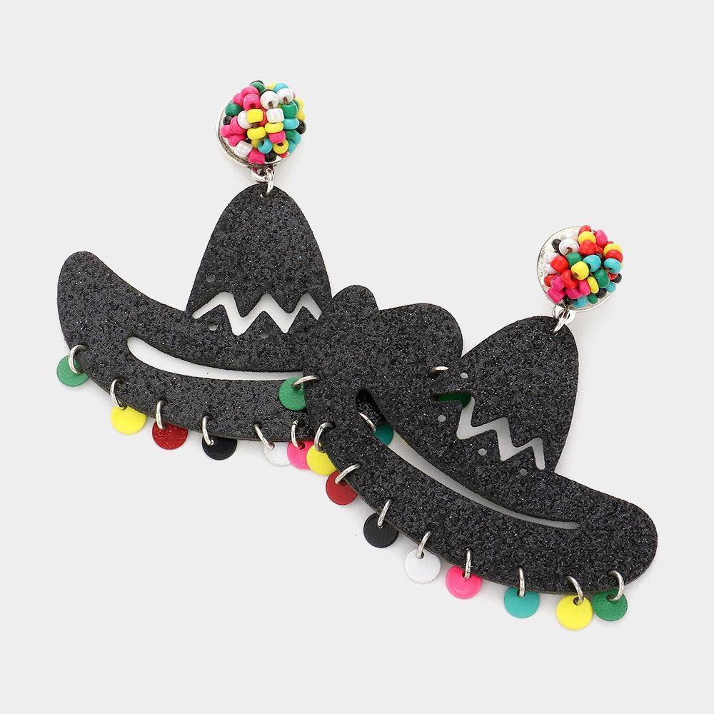 Black Glittered Cowboy Hat Dangle Earrings - Jewelry Store by Erik Rayo