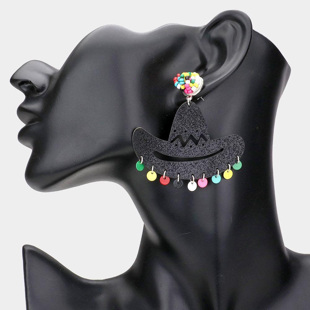 Black Glittered Cowboy Hat Dangle Earrings - Jewelry Store by Erik Rayo