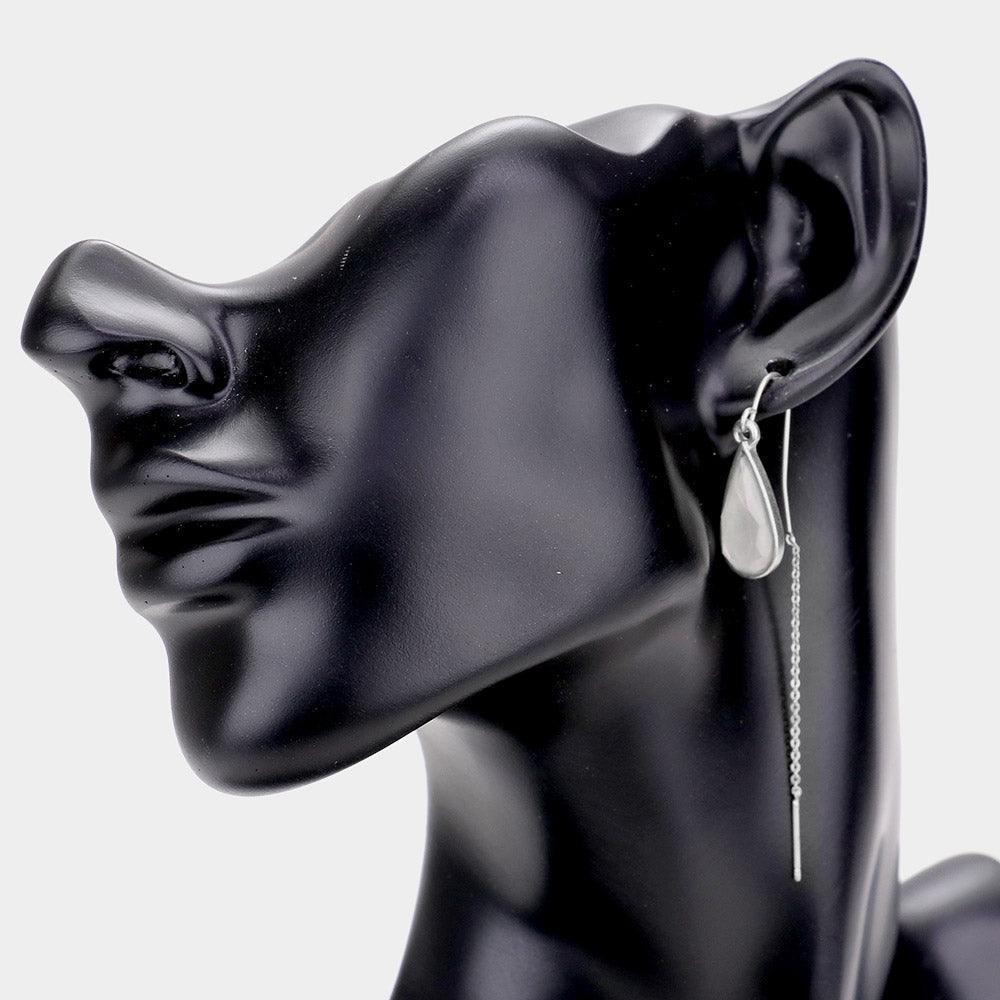 Silver Teardrop Stone Accented Chain Long Drop Threader Earrings - Jewelry Store by Erik Rayo