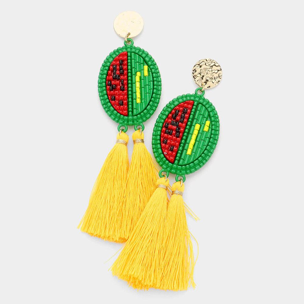 Yellow Beaded Watermelon Double Tassel Dangle Earrings