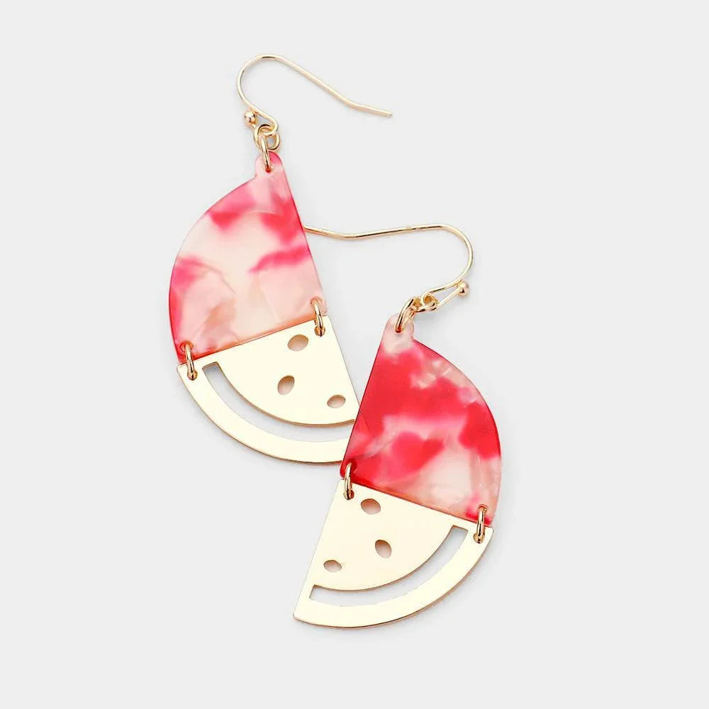 Red Celluloid Acetate Watermelon Dangle Earrings - Jewelry Store by Erik Rayo